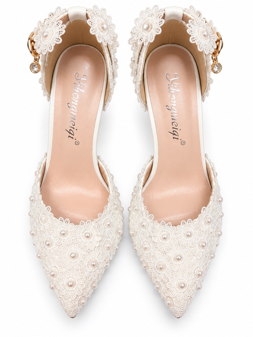 Lace Pearl Pointed-Toe Ankle-Strap Heels - Ivory